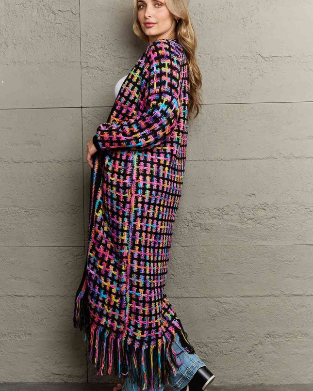 Multicolored Open Front Fringe Hem Cardigan