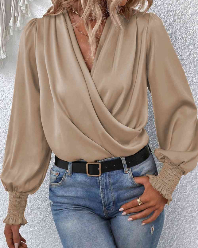 Surplice Neck Lantern Sleeve Blouse