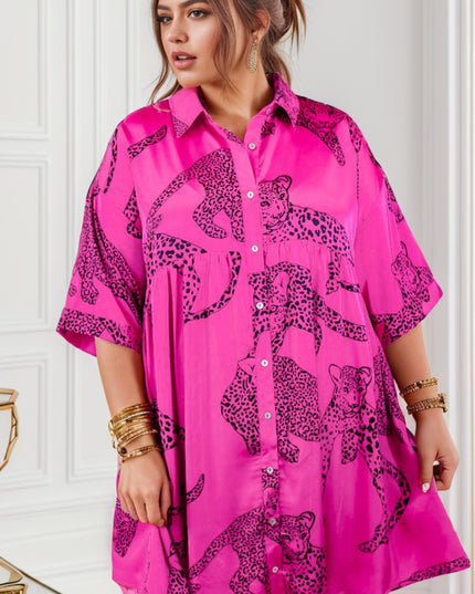Plus Size Tiger Printed Button Up Half Sleeve Dress