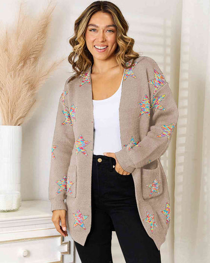 Star Pattern Open Front Cardigan with Pockets