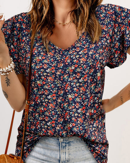 Floral Flutter Sleeve V-Neck Blouse