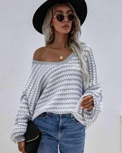 Striped Drop Shoulder V-Neck Pullover Sweater