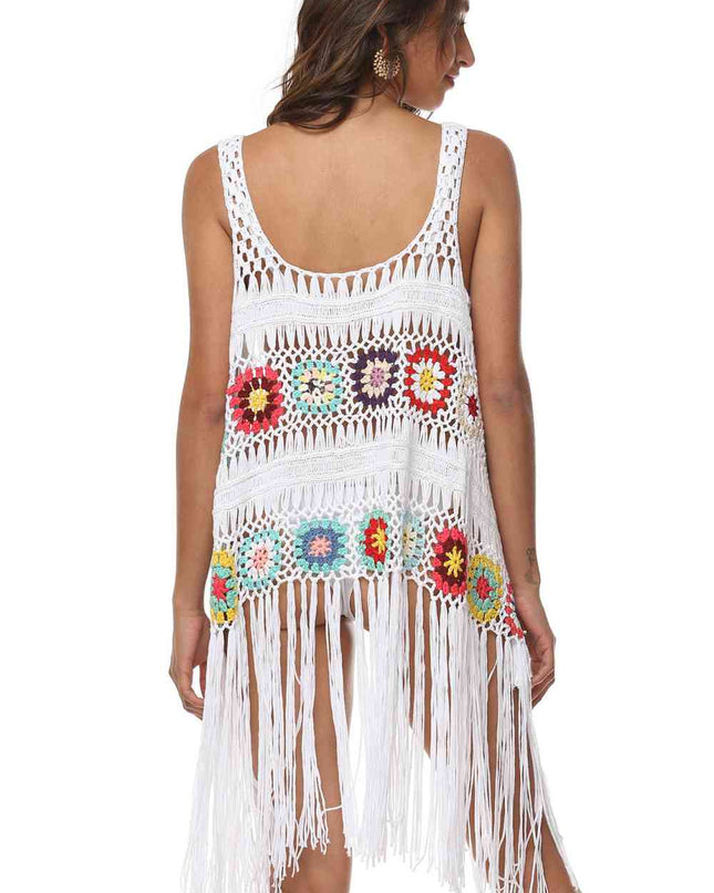 Openwork Fringe Detail Embroidery Sleeveless Cover-Up