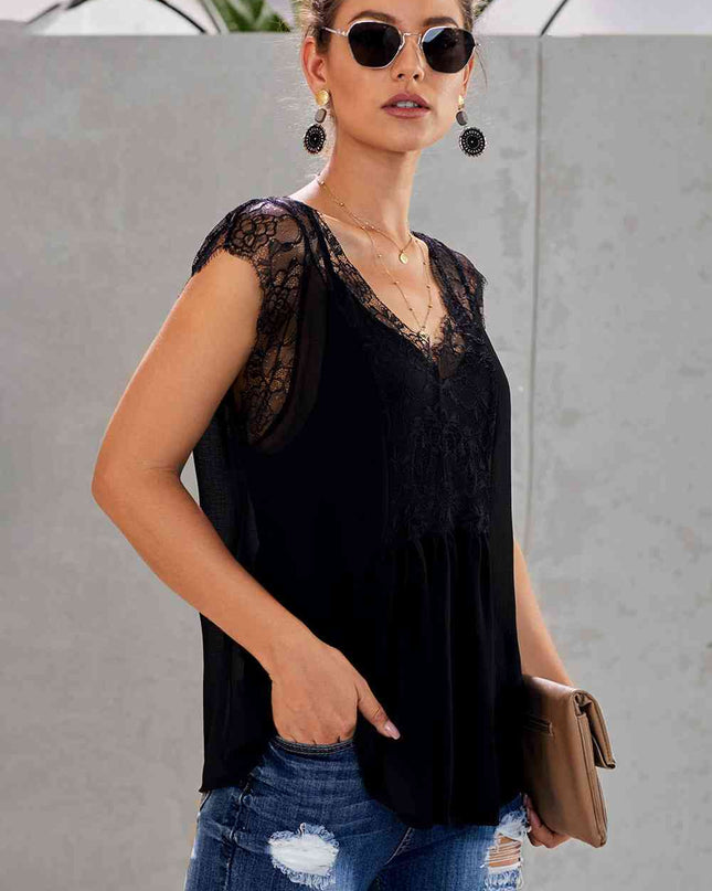 Eyelash Trim Spliced Lace V-Neck Tank