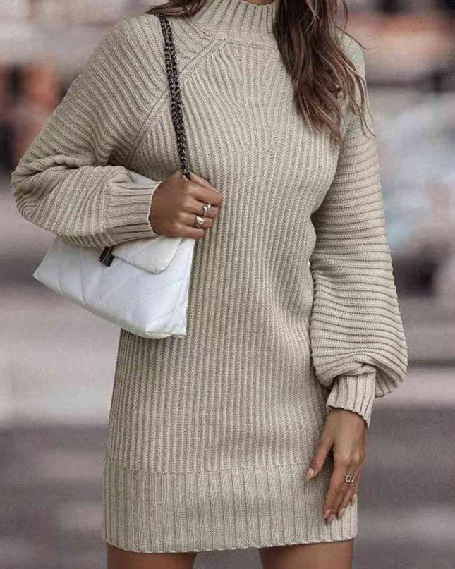 Mock Neck Lantern Sleeve Sweater Dress