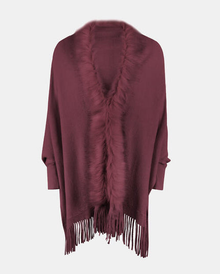 Fringe Open Front Long Sleeve Poncho