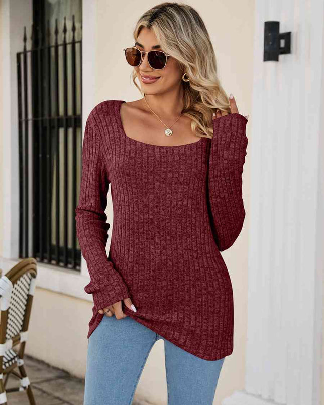 Square Neck Ribbed Long Sleeve T-Shirt