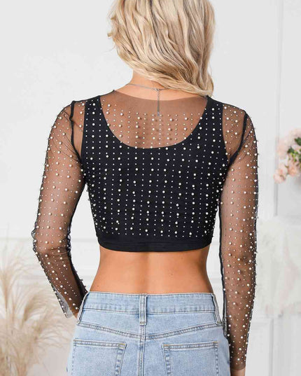 Pearl Long Sleeve Mesh Cropped Top