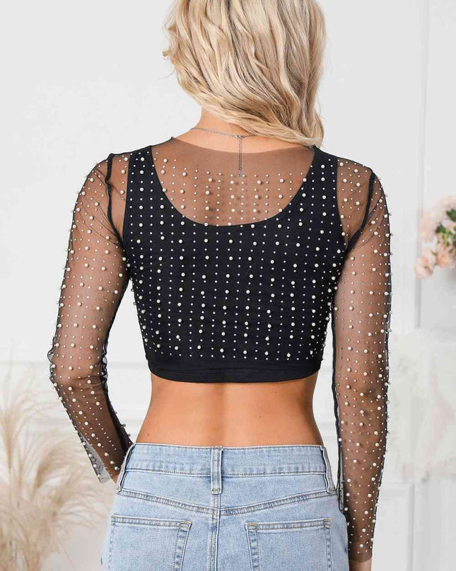 Pearl Long Sleeve Mesh Cropped Top