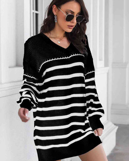 Striped V-Neck Drop Shulder Sweater Dress