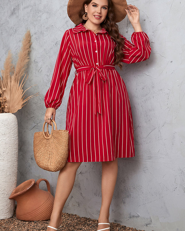 Plus Size Striped Tie Waist Shirt Dress