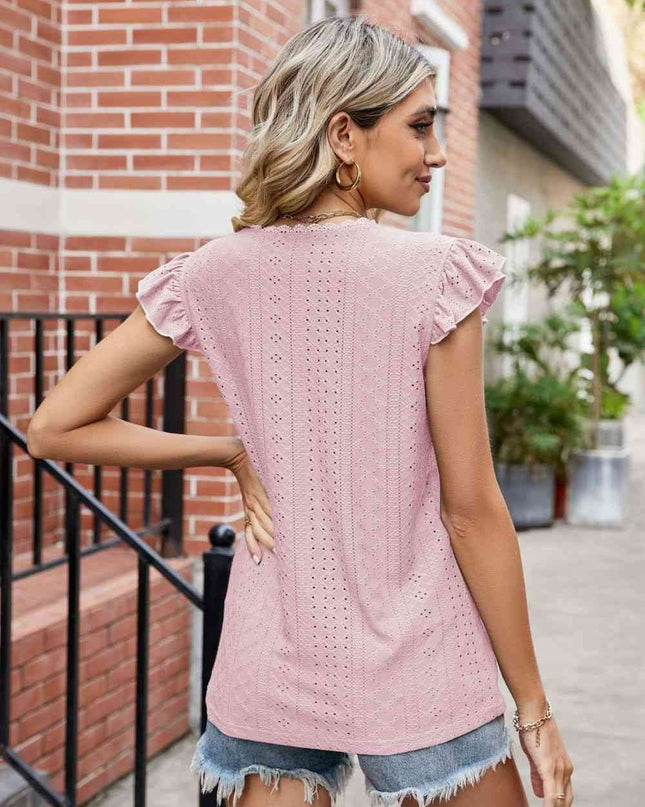 Eyelet Flutter Sleeve Scalloped V-Neck Top