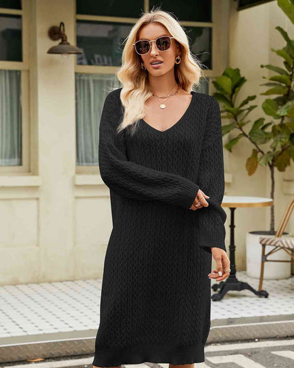 V-Neck Long Sleeve Sweater Dress