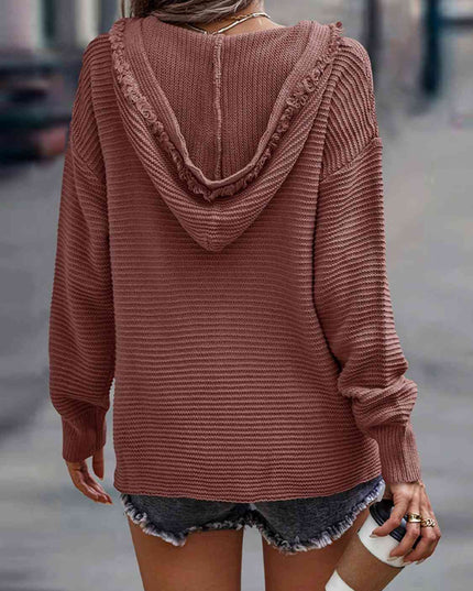 Ribbed Fringed V-Neck Hooded Sweater