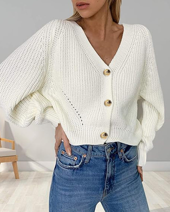 Button Up V-Neck Long Sleeve Cardigan