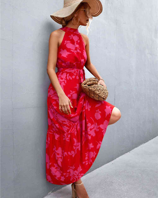 Printed Sleeveless Tie Waist Maxi Dress