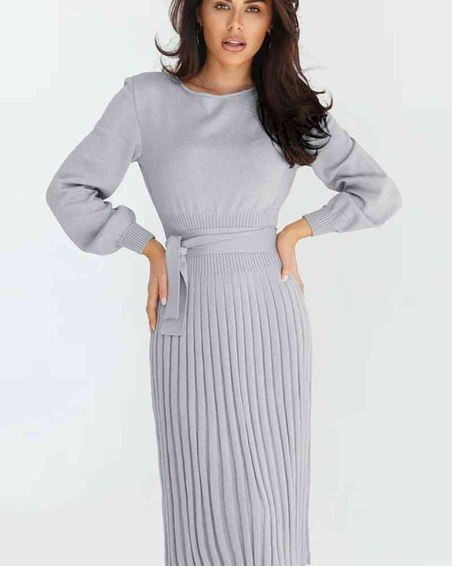 Round Neck Long Sleeve Pleated Sweater Dress