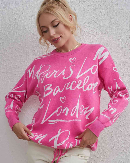 Letter Round Neck Drawstring Sweater