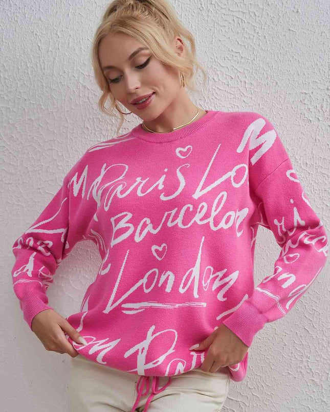 Letter Round Neck Drawstring Sweater