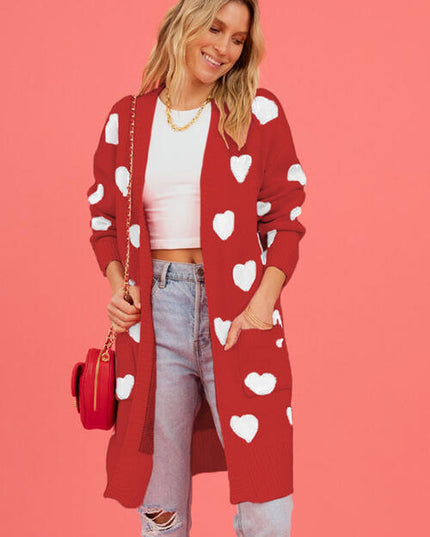 Heart Graphic Open Front Cardigan with Pockets