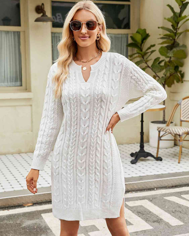 Notched Neck Cable-Knit Slit Sweater Dress