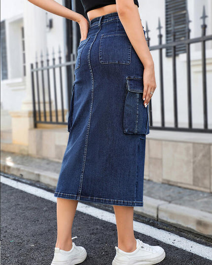 Slit Denim Skirt with Pockets