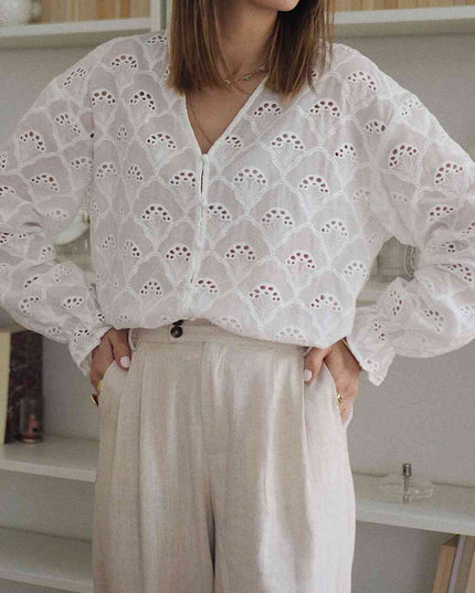 Eyelet Notched Neck Flounce Sleeve Blouse