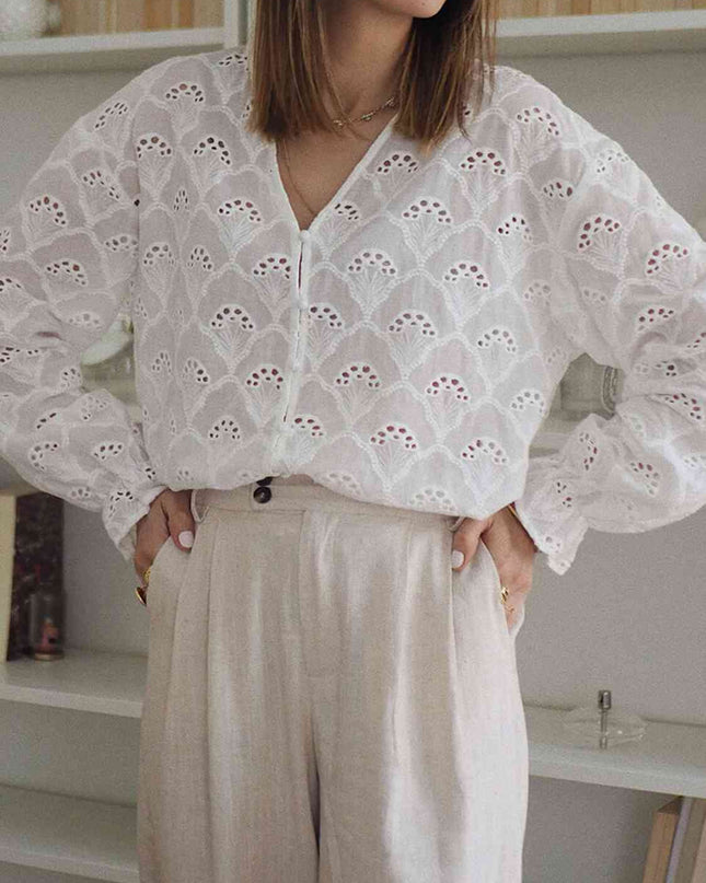 Eyelet Notched Neck Flounce Sleeve Blouse