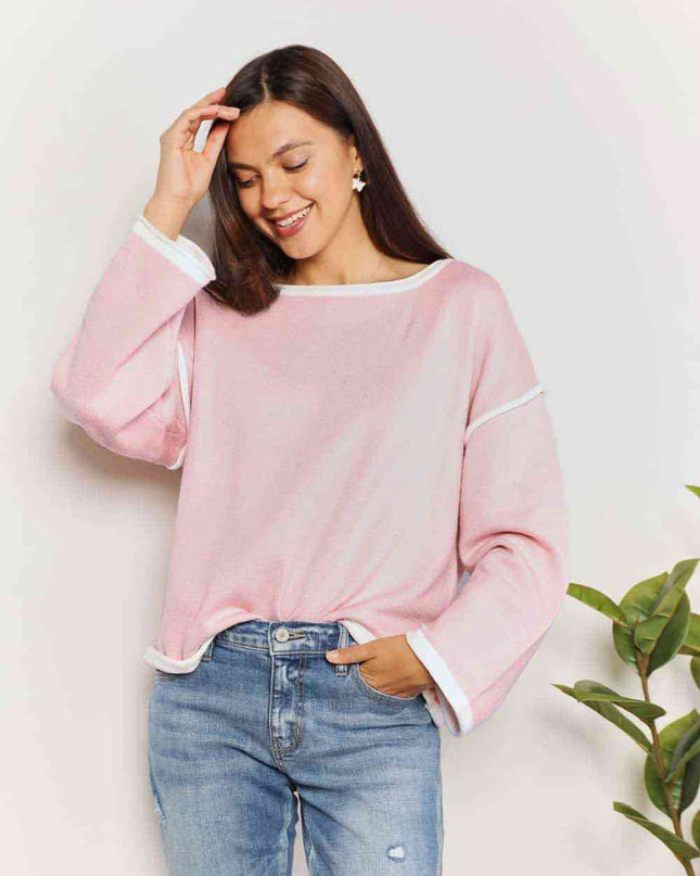 Double Take Contrast Detail Dropped Shoulder Knit Top