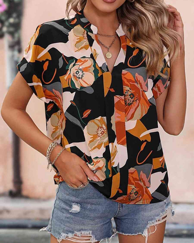 Printed Notched Neck Short Sleeve Blouse