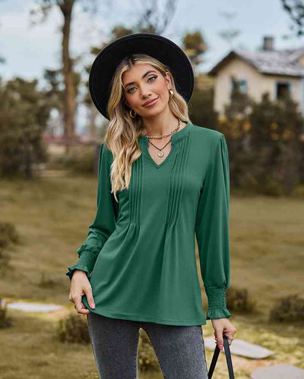 Notched Neck Flounce Sleeve Blouse