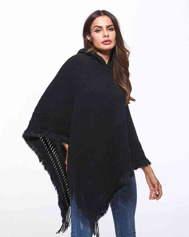 Openwork Fringe Hem Hooded Poncho