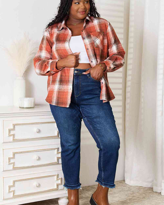 Double Take Plaid Collared Neck Long Sleeve Shirt
