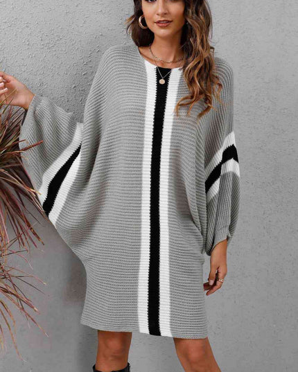 Ribbed Round Neck Long Sleeve Sweater Dress