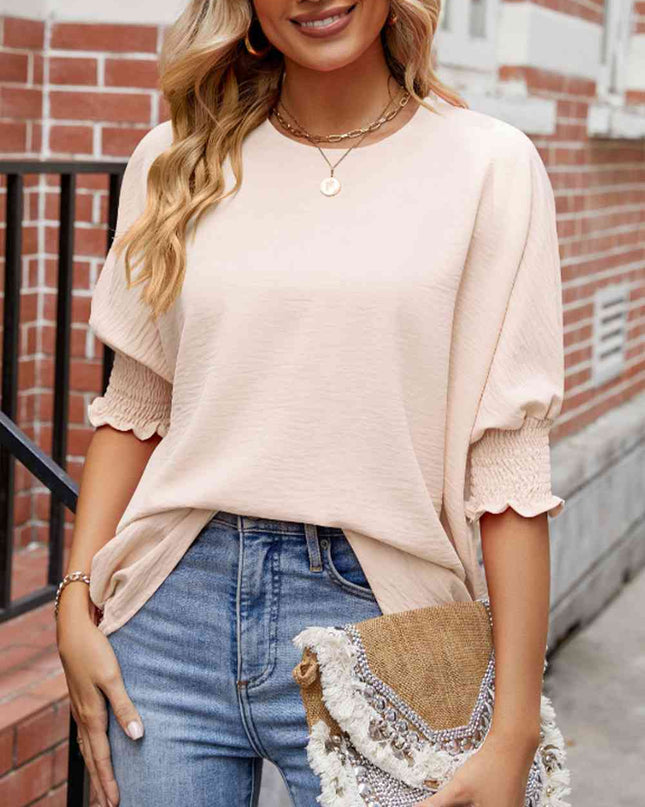 Round Neck Smocked Lantern Sleeve Blouse