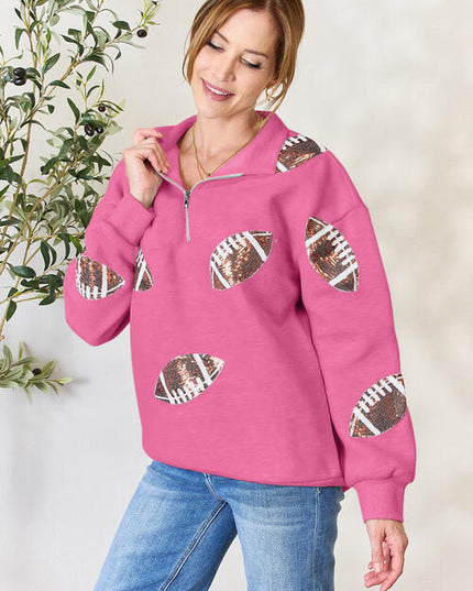 Double Take Full Size Sequin Football Half Zip Long Sleeve Sweatshirt