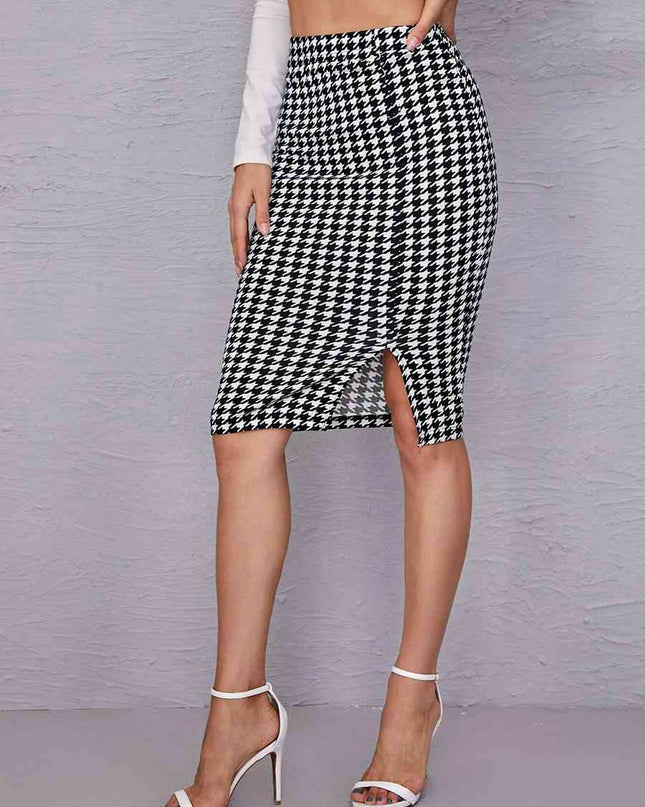 Houndstooth Slit Knee-Length Skirt