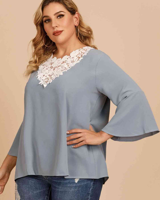 Plus Size Contrast Spliced Lace Three-Quarter Sleeve Blouse