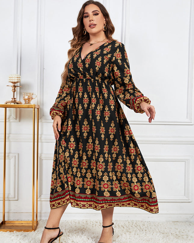 Plus Size Printed V-Neck Surplice Neck Dress