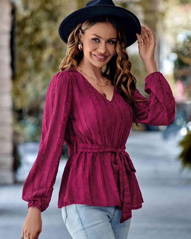V-Neck Tie Waist Long Sleeve Blouse