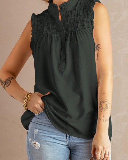 Buttoned Frill Trim Smocked Sleeveless Blouse