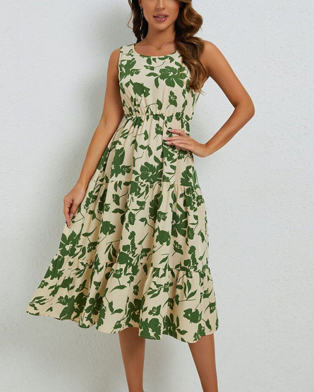 Floral Round Neck Tiered Sleeveless Dress