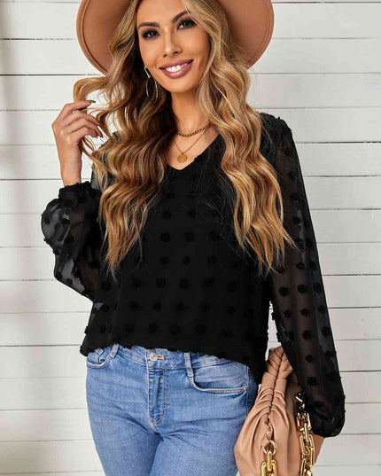 Swiss Dot Balloon Sleeve V-Neck Blouse