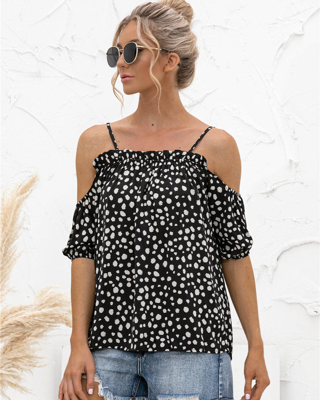 Printed Cold-Shoulder Frill Trim Blouse