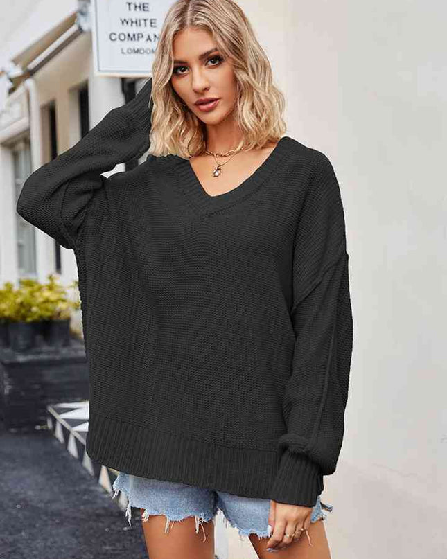 V-Neck Ribbed Dropped Shoulder Knit Top