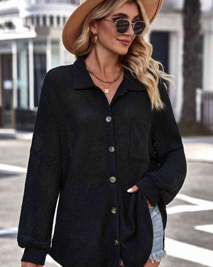 Waffle-Knit Collared Neck Dropped Shoulder Shirt