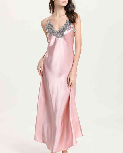 Full Size Lace Trim V-Neck Spaghetti Strap Satin Night Dress