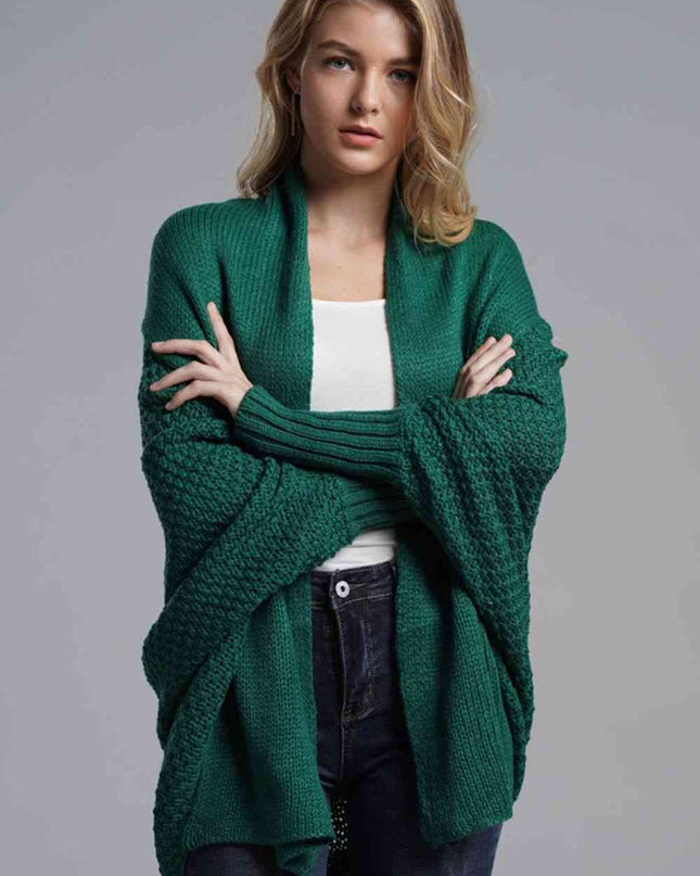 Double Take Dolman Sleeve Open Front Ribbed Trim Longline Cardigan
