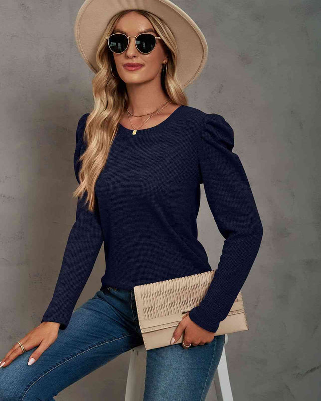 Waffle-Knit Puff Sleeve Round Neck Top