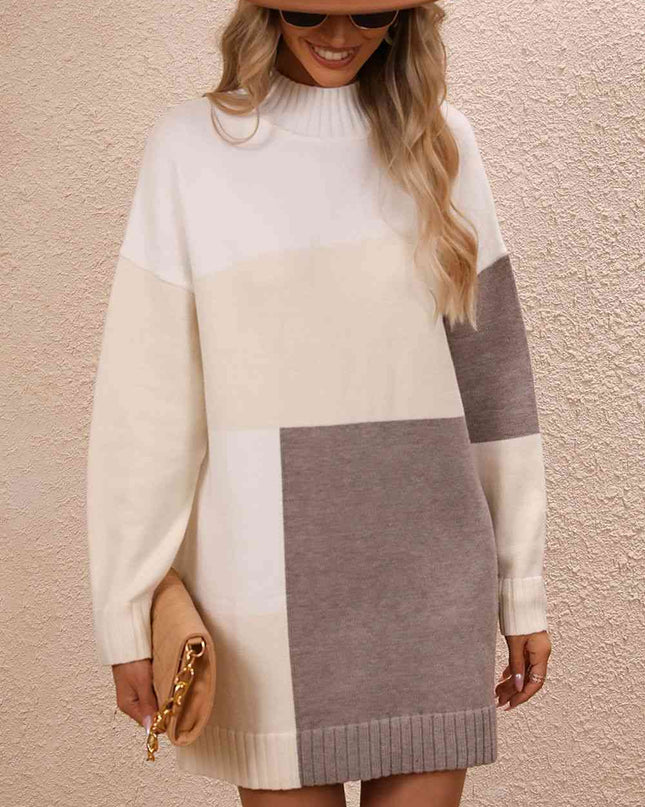 Color Block Mock Neck Dropped Shoulder Sweater Dress